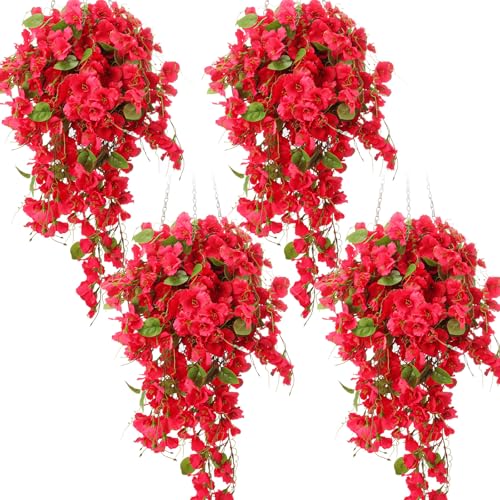 XunYee 4 Pcs Artificial Fake Hanging Plants Flowers for Spring Decoration Outdoor Wedding Vine Plant Hibiscus Flowers Long Trailing Vines Realistic UV Resistant Plants for Front Door Porch