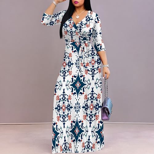 Image of PinkPatty Plus Size Maxi Dress for Women Casual V Neck 3 /4 Sleeve Boho Printed Long Dress with Pockets