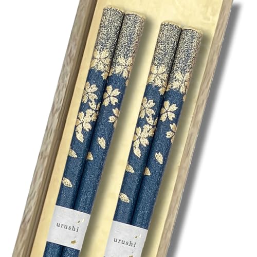 橋本幸作漆器店 桜ふぶき 2膳セット 輪島うるし箸 乾漆仕上げ 桐箱入り 日本製 高級 滑りにくい 夫婦箸 お揃い ペア ギフト 記念日 プレゼント (青, 青)