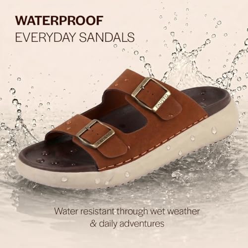 Image of FAUSTO Men Open Toe Buckle Strap Stitched Waterproof Sandals|Soft Cushioned Insole|Summer Slip-On Slipper|Perfect For Monsoon Rainy Season