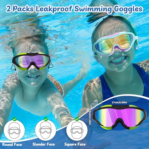 LEEIGGT Swim Goggles for Kids 8-14, 2 Pack Anti Fog UV Kids Swimming Goggles with Ear Plugs Attached — view 6