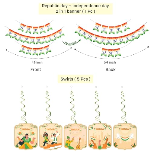 Image of Party Propz Happy Independence Day Decoration Items - 6 Pcs, 2 in 1 Independence Day Banner & Republic Day Reversible Banner with Swirl Hangings, 15 August Decoration Items (Cardstock)