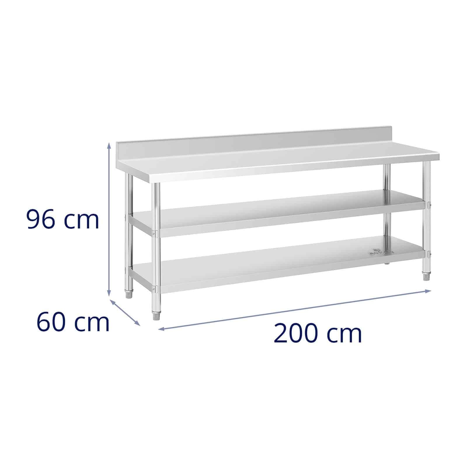 Royal Catering RCAT-200/60-SPS3SH - Tavolo da lavoro in acciaio INOX con alzata, 200 x 60 x 16,5 cm, 500 kg, 2 ripiani in acciaio INOX