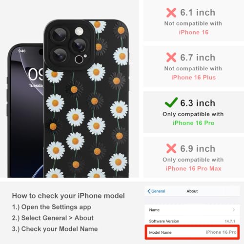 Image of Designed for iPhone 16 Pro Case, Cute Daisy Flower Floral Pattern Design, Slim Soft TPU Liquid Silicone Protective Cover for Women Girls - Black
