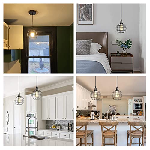EFINEHOME 1 Light Hanging Swag Lamp with Plug in 15 Ft Cord On/Off Switch with Pull Chain- Black Industrial Vintage Cage Pendant Light (Lampshade Globe) - Thumbnail 3