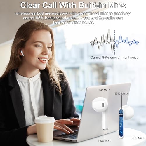Image of Wireless Earbuds, Bluetooth Headphones, Stereo Bass Ear Buds with ENC Noise Cancelling Mics, Bluetooth Earbuds with LED Display Charging Case, IP7 Waterproof Earphones for Android iOS /Light white