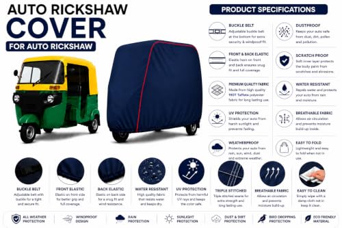 Image of Premium Auto Rickshaw Cover Compatible With All Bajaj Small Auto Rickshaw Models Comes with All Weather Water-Resistant Body Cover | Triple-Stitched | Dustproof & Heat-Resistant (Navy With Red Piping)
