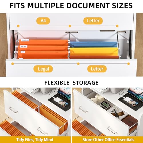 DWVO File Cabinet with Charging Station, 2 Drawer Lateral Filing Cabinet with Storage, Large Printer Stand for Home Office Living Room, Fits A4 Legal Letter Documents, White