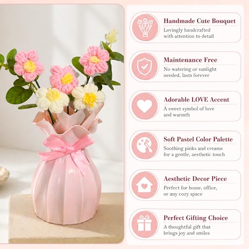 Image of Art Street Handmade Crochet Flower Vase | Pink & White Knitted Artificial Flowers with Green Leaves | Decorative Pink Vase with Ribbon for Home Decor, Birthday, Anniversary
