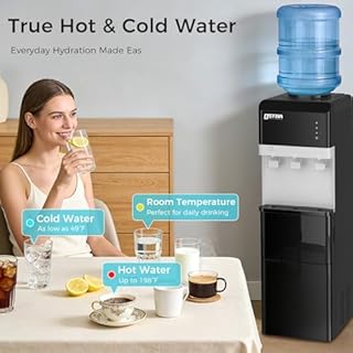 OSTBA Water Cooler Dispenser with Ice Maker, 4-in-1 Top Loading Water Dispenser for 3 & 5 Gallon Bottles, Hot Cold & Room Temp Water, Bullet Ice Maker, Child Safety Lock, Touch Panel