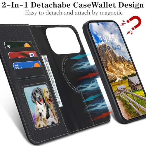Image of Detachable Genuine Leather Case for iPhone 17 Pro Max Wallet Case Magnetic 2in1 Removable Flip Cover Book Purse Compatible with Magsafe Charging Kickstand Card Holder-Black
