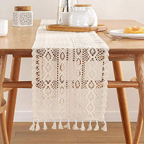 HAPMCH Boho Beige Crochet Macrame Table Runner in 71 inches