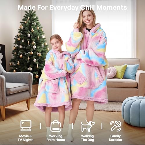 Image of Giggling Getup Wearable Blanket Hoodie for Girls and Boys Warm Cozy Sherpa Fleece Hooded Blanket Sweatshirt Oversized Hoodie with Giant Pocket & Sleeves for Kids Cotton Candy Tie Dye