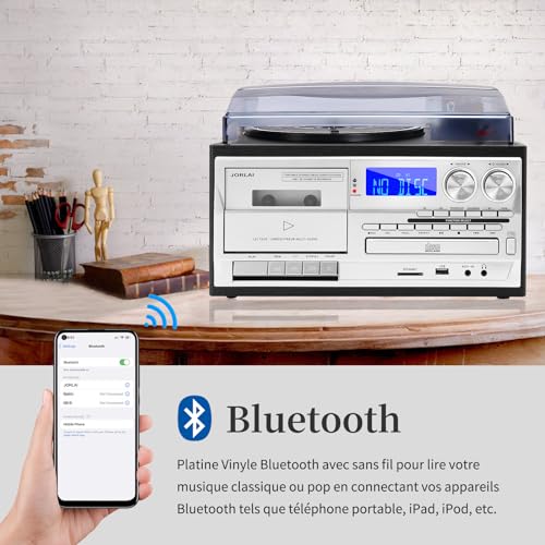 JORLAI Tourne Disque 3 Vitesses avec télécommande, Phonographe Vinyle Bluetooth avec Haut-parleurs intégrés CD/Cassette Radio AM/FM USB/SD/MMC 3.5mm Aux-in/RCA-Out, Noir - Les Beatles, Paul McCartney, John Lennon, RIngo Starr, George Harrison JORLAI Tourne Disque 3 Vitesses avec télécommande, Phonographe Vinyle Bluetooth avec Haut-parleurs intégrés CD/Cassette Radio AM/FM USB/SD/MMC 3.5mm Aux-in/RCA-Out, Noir – Image 5