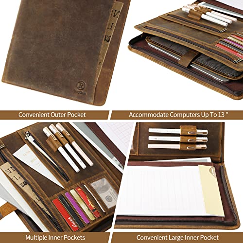 ringsun genuine leather portfolio with zipper for men women padfolio business resume a4pad folder organizer brown rs01