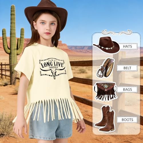 Image of Wrenpies Girls Western Fringe Shirt Long Live Cowgirls Country Rodeo Shirts Kids Cow Skull Graphic Tees Tassel Fringe Tops