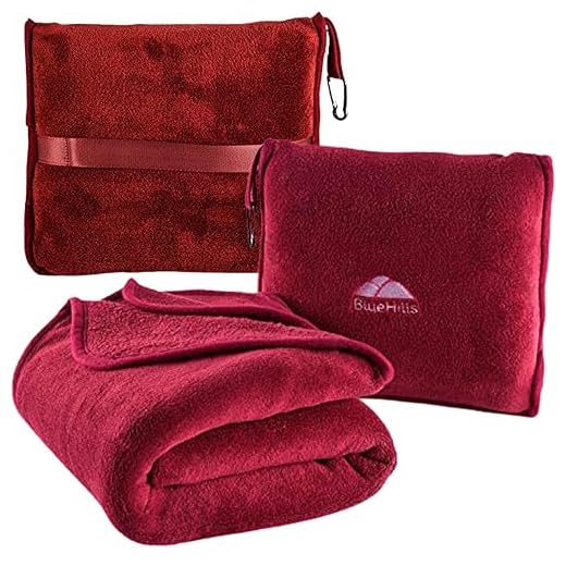 BlueHills Premium Soft Travel Blanket Pillow Airplane Blanket Packed in Soft Bag Pillowcase with Hand Luggage Belt and Backpack Clip, Compact Pack Large Blanket for Any Travel (Red T001)