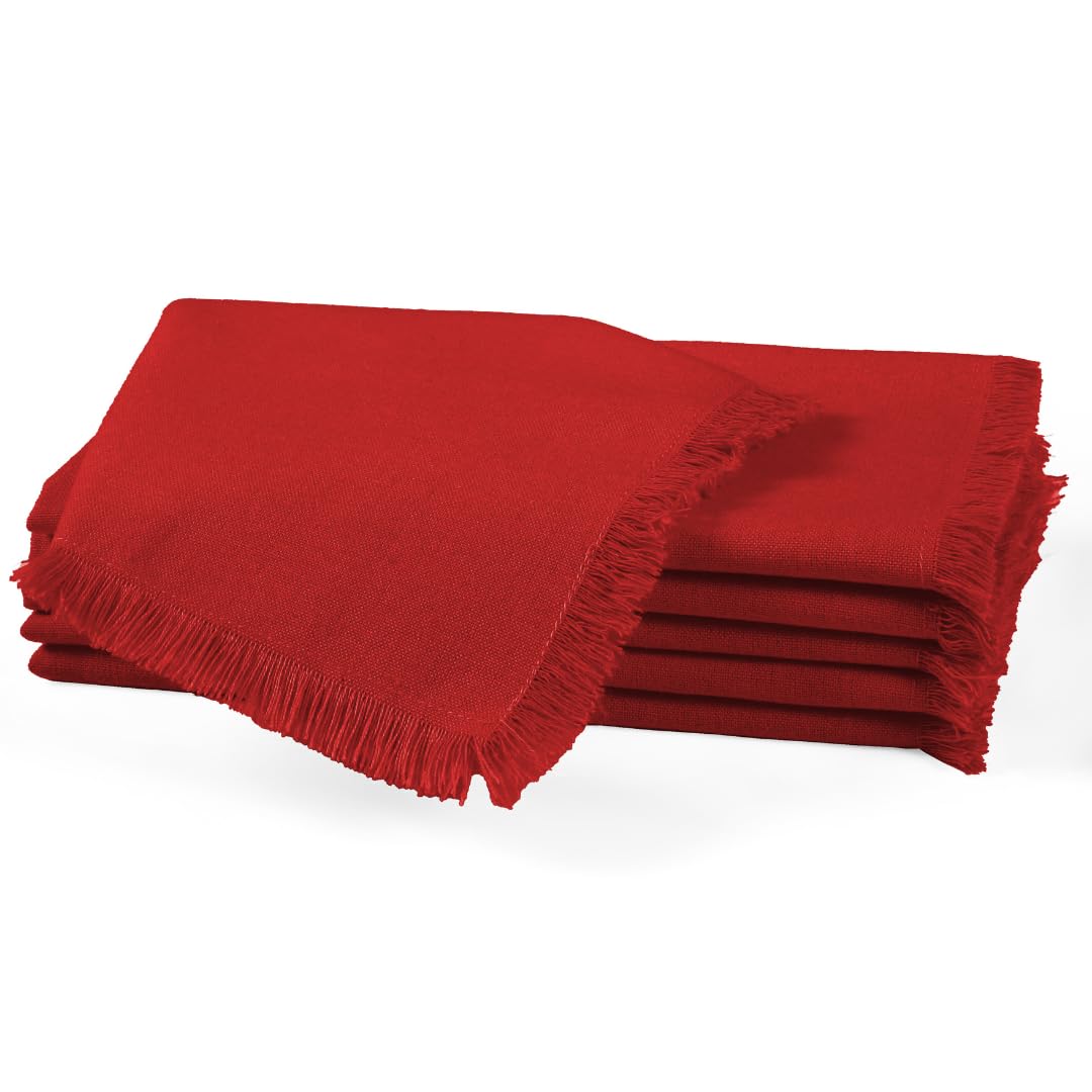 Comfy-coCloth Dinner Napkins Fringes Set of 6 - Farmhouse Napkins 100% Cotton 20x20 inches - Soft Durable Washable - Ideal for Events Weddings Holidays Christmas Easter - Cloth Napkins Red