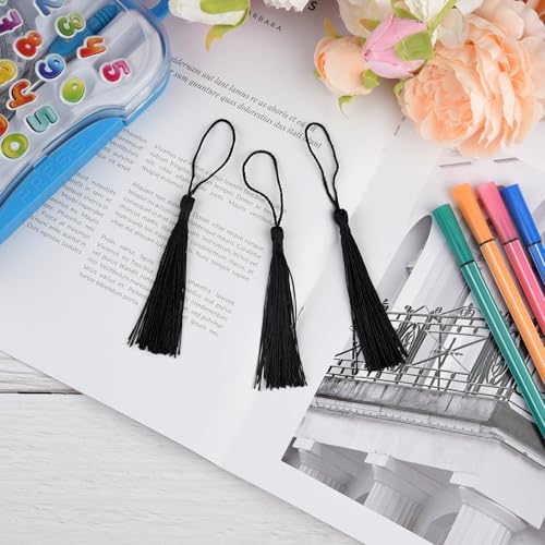 Image of 100 Pcs Bookmark Tassels Bulk Black Soft Craft Silky Handmade Mini Tassels for Jewelry Making with Loops for DIY Craft Accessory Dress Decoration