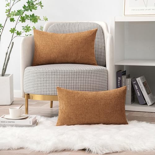 Image of MIULEE Pack of 2 Brown Throw Pillow Covers 12x20 Inch Soft Chenille Lumbar Pillow Covers for Sofa Living Room Couch Solid Dyed Cases