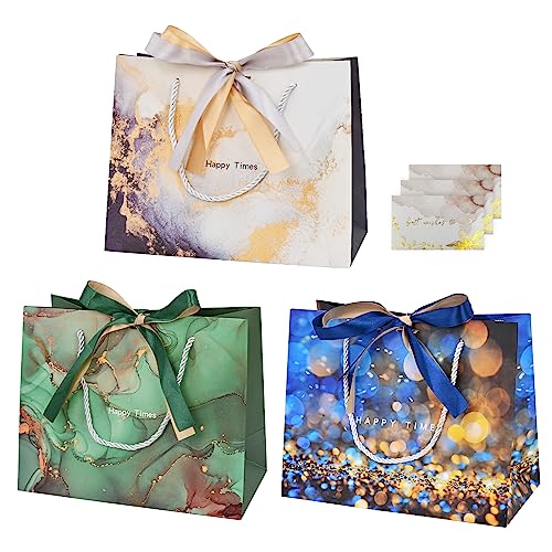 3 Geschenktaschen Mit Dekopapier & Karten – Gold-weiß, Mit Griff, 28x20x10 Cm & 16,5x13,5 Cm