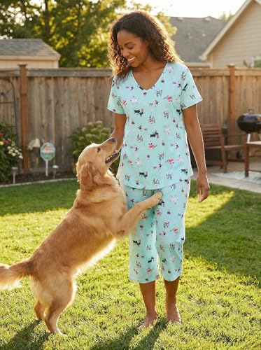 Image of CHUNG Women Cotton Pajama Sets Sleepwear pjs Short Sleeve Shirt Capri Length Crop Pants Cute Vivid Print