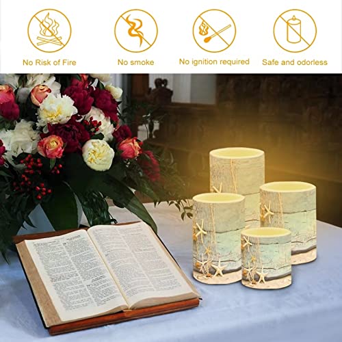 Image of Flickering Flameless Candles 4 Pieces Set, LED Pillar Candles with Timer Battery Operated Tea Lights for Coastal Decor, Beach Starfish with Blue Wood Grain