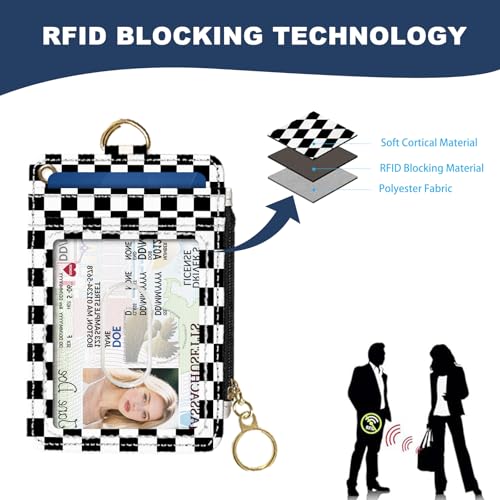 Image of Slim Wallet Credit Card Holder, Black and White Checkered, RFID Wallet Women Cute Small Front Pocket Wallet With Zipper, PU Leather Thin travel RFID Blocking Card Case ID Window ,Ladies Gifts