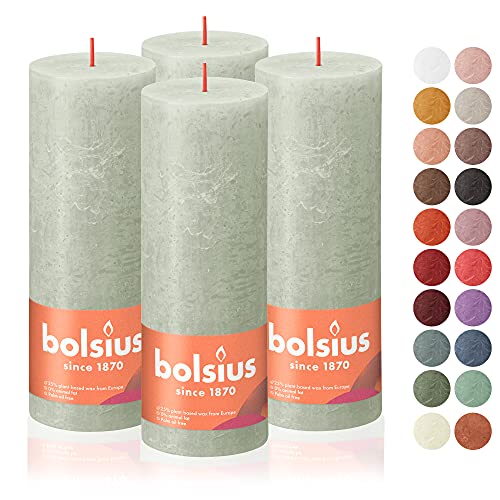 BOLSIUS 4 Pack Foggy Green Rustic Pillar Candles - 2.75 X 7.5 Inches - Premium European Quality - Includes Natural Plant-Based Wax - Unscented Dripless Smokeless 85 Hour Party Décor Candles