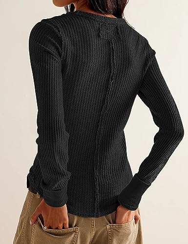 Women's Waffle Knit Tops Long Sleeve Shirts Casual Slim Fitted Crew Neck Pullover Shirts3