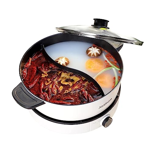 Joydeem Multifunctional Electric Hot Pot with Divider JD-DHG5A,Shabu Shabu Hot Pot,Double Flavor Non-Stick Hot Pot,Temperature Control,Large Capacity 5L for 6~8 people,1500W,White