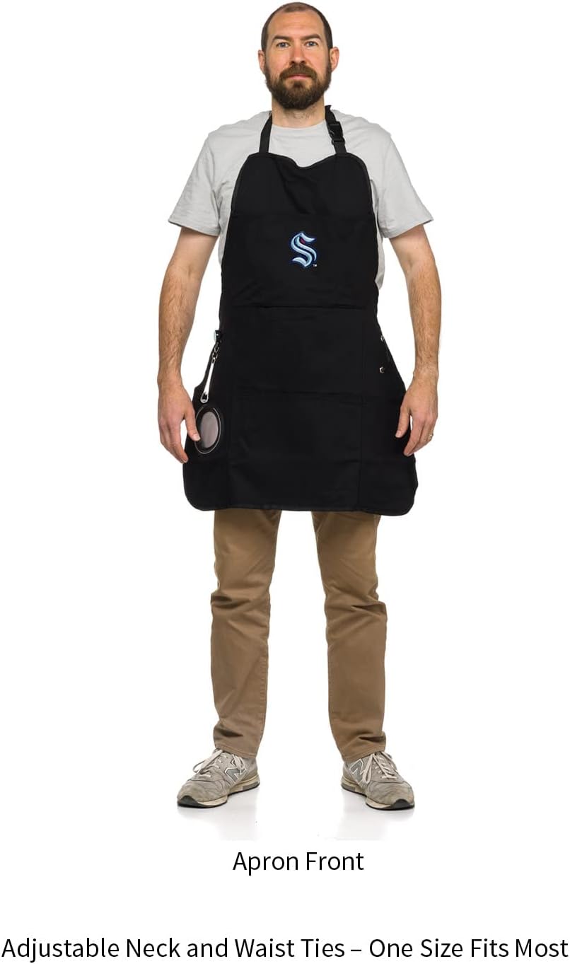 Team Sports America Outdoor NHL Black Grilling Apron | Seattle Kraken | Made of Durable Cotton | Beverage Opener and Multi-Tool | Sports and Tailgaiting Apparel