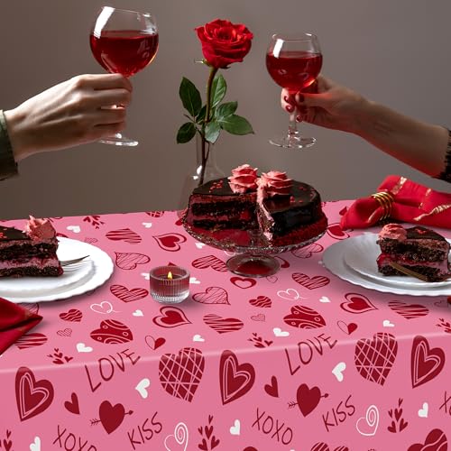 Image of 4 Pack Valentines Plastic Tablecloths, Disposable Valentines Party Favors, Romantic 54 inch X 108 inch Red Pink Table Cloth, Galentines Decorations Heart-shaped Love Tablecover for Wedding Happiness Decor