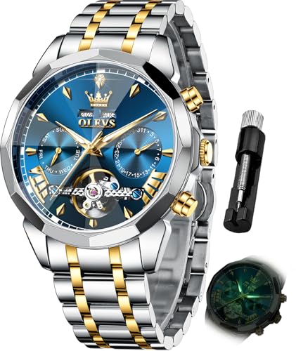 Image of OLEVS Men Automatic Watch Diamond Skeleton Mechanical Luxury Self Winding Moon Phase Calendar Waterproof Wrist Watch for Men