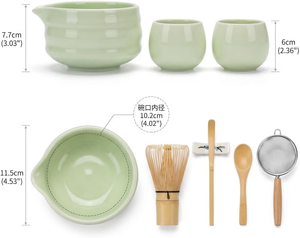 Matcha Tool Set, 10 Piece Traditional Japanese Tea Ceremony Kit with Bamboo Whisk, Ceramic Bowls, Cups, Strainer, Spoons, Holder and Cloth (light green)