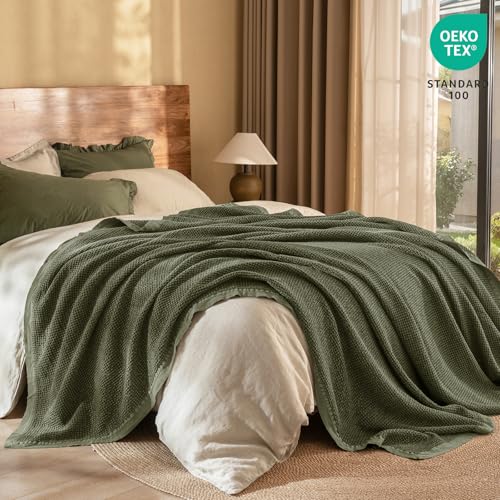 Image of PHF Stone Washed 100% Cotton Waffle Blanket, Vintage Deep Honeycomb Texture, Breathable Thermal Blanket for Bed & Home Decor, All Season Layering - King, Moss