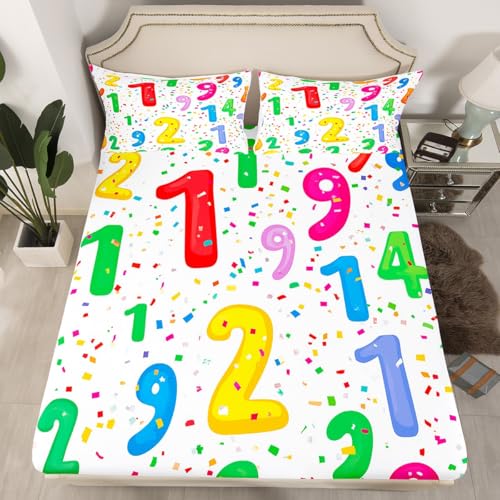Mathematics Bed Sheets Math Number Fitted Sheet for Children Cartoon Digital Numbers Sheets,Geometric Education Learning Bedding Set for Kids Boys Teen Girls Dorm Room Decor,Queen