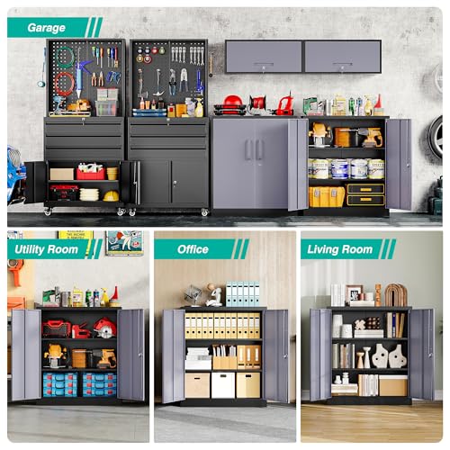 Image of SISESOL Metal Storage Cabinet with Doors and Shelves,Garage Storage Cabinet with Lock,Black Grey Metal Cabinets with Locking Doors,Steel Cupboard for Home,Office,Garage Cabinets 36 inch H