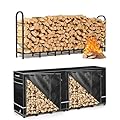 GREENER 8FT Firewood Rack with Cover & 600D Oxford Fabric Waterproof Wood Rack Cover Black & Gray