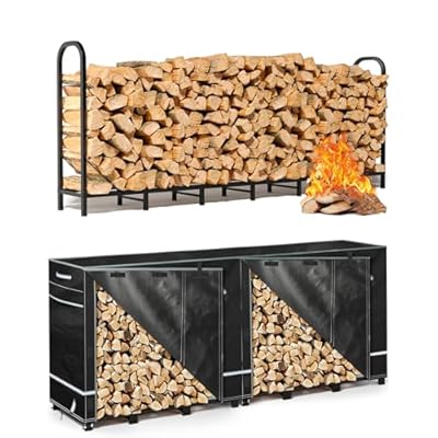 GREENER 8FT Firewood Rack with Cover & 600D Oxford Fabric Waterproof Wood Rack Cover Black & Gray