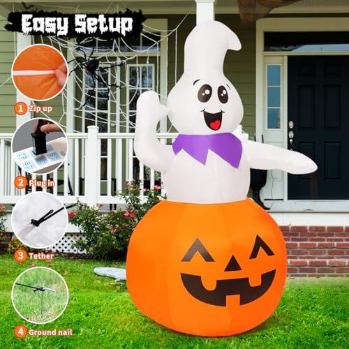 Image of GOOSH 5 FT Halloween Inflatable Cute Pumpkin Ghost Outdoor Decorations Blow Up Yard Ghost in Pumpkin with Built-in LEDs for Indoor Party Garden Lawn Decor