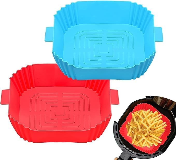 2 Pack Air Fryer Liners I Square Silicone Basket Baking Tray I Pot with Ear Handles I Nonstick Reusable Heat Resistant I Cooking Oven Insert Accessories | Blue & Red Colour-image-22