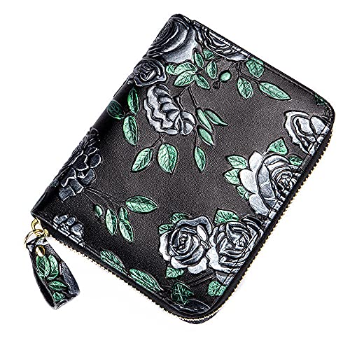 Genuine Leather Zip Wallet First Layer Cowhide RFID Blocking Organ Hand Painted Flower Card Holder Purse Coin Pocket Women Clutch Bag (Silver Rose)