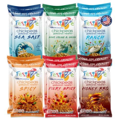 Festive Chickpea Hearts – Crunchy Garbanzo Beans – Husk-Free Roasted Chickpea Snacks – Vegan Snacks with 5g Protein Per Serving – Plant Based, Halal, Gluten Free, Dairy Free – 1oz 12pc Variety Pack