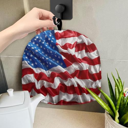 Image of Patriotic American Flag Tea Cozy Teapot Cosy Insulated Tea Kettle Quilt Breakfast Warmer Kettle Pot Dust Cover for Teapot for July 4th Independence Day Decor
