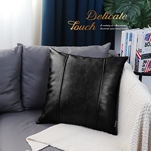 Image of BRAWARM Black Leather Throw Pillow Covers 18 X 18 Inches - Faux Leather Pillow Cover with Piping, Hand Stitched Faux Leather Throw Pillow for Couch Sofa Bed Living Room Home Decorative
