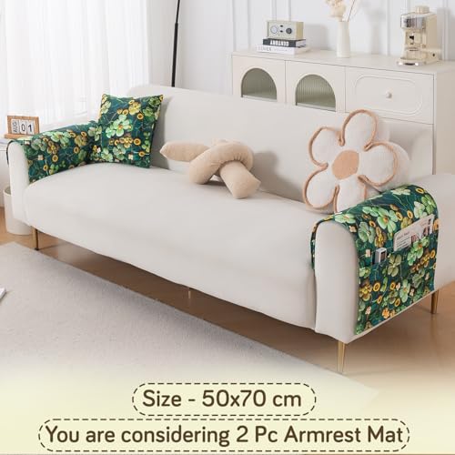 Image of HOKIPO 'Nature Muse' Premium HD Printed Holland Velvet Sofa Armrest Covers with Pockets | 1 Pair | Emerald Garden (IN-921-L-D4*2)
