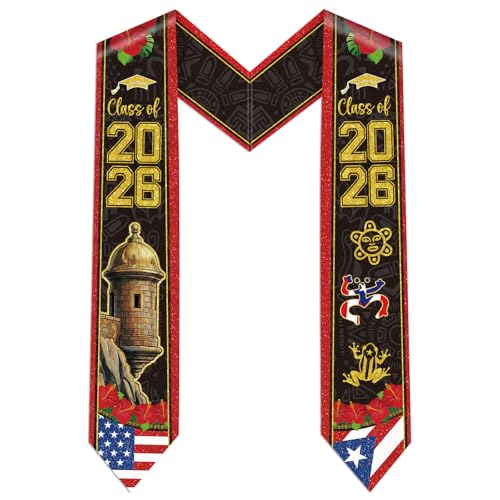 Aposwow Puerto Rico Graduation Stole - Puerto Rico and USA Flag Graduation Sash Class of 2026 Stole for International Study Aboard Student Accessories Gifts