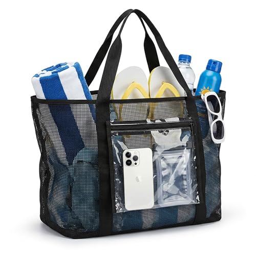 CJZYepopee Extra Large Mesh Beach Bag with Zipper Pocket,Quick Dry Tote