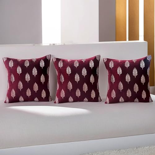 Image of Decoghar | Wine Handmade Sofa Cushion Covers | Golden Zari Leaf Embroidered Square Throw Pillow Cushion Cover | 16 X 16 Inch | Pack of 5